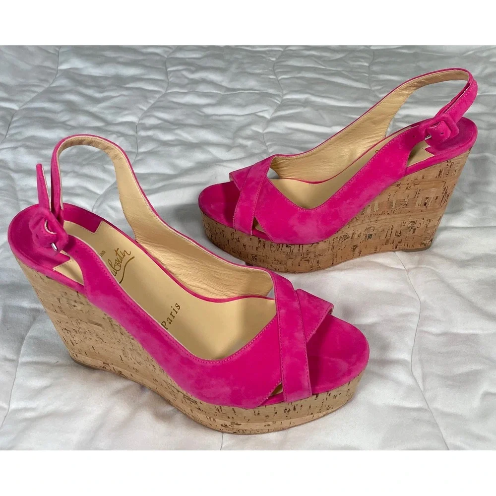 Christian Louboutin Pink Suede Cork Platform Wedge Sandals Size 38 Red Bottoms
